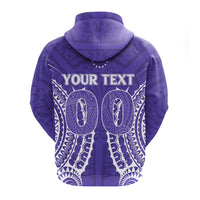 Purple hoodie back view with “YOUR TEXT” and tribal pattern