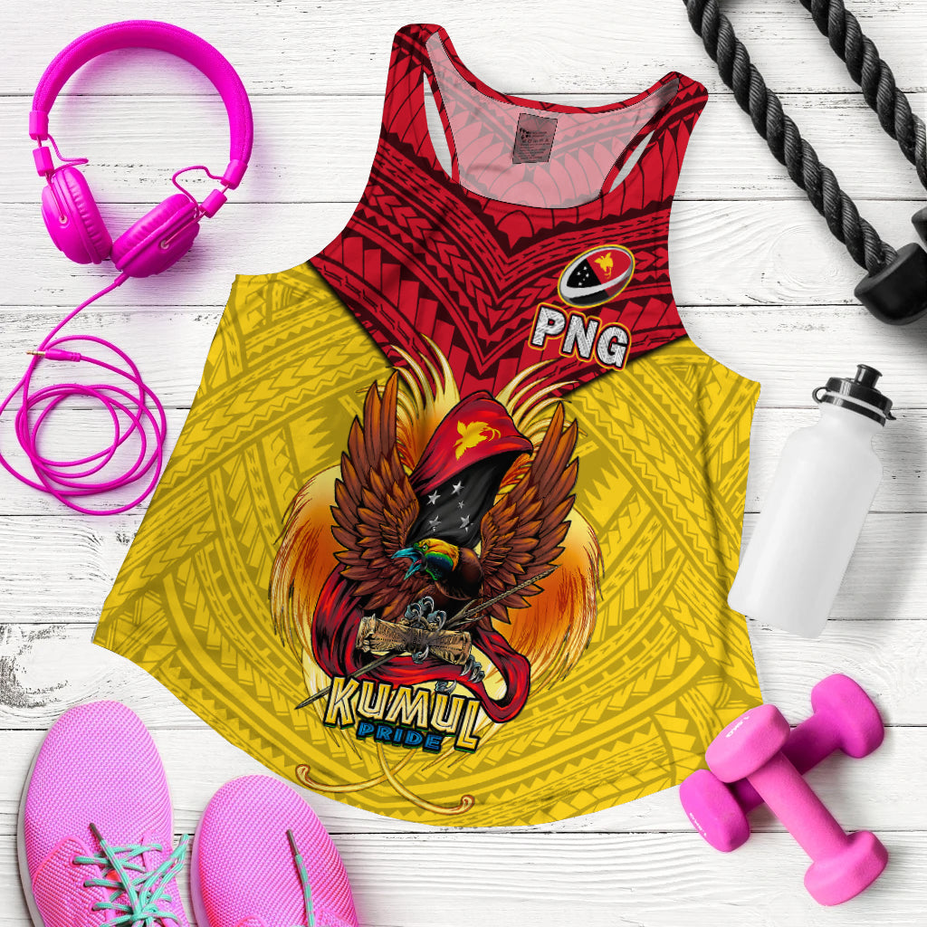 Women's yellow and red rugby tank top with PNG emblem and Kumul Pride eagle graphic