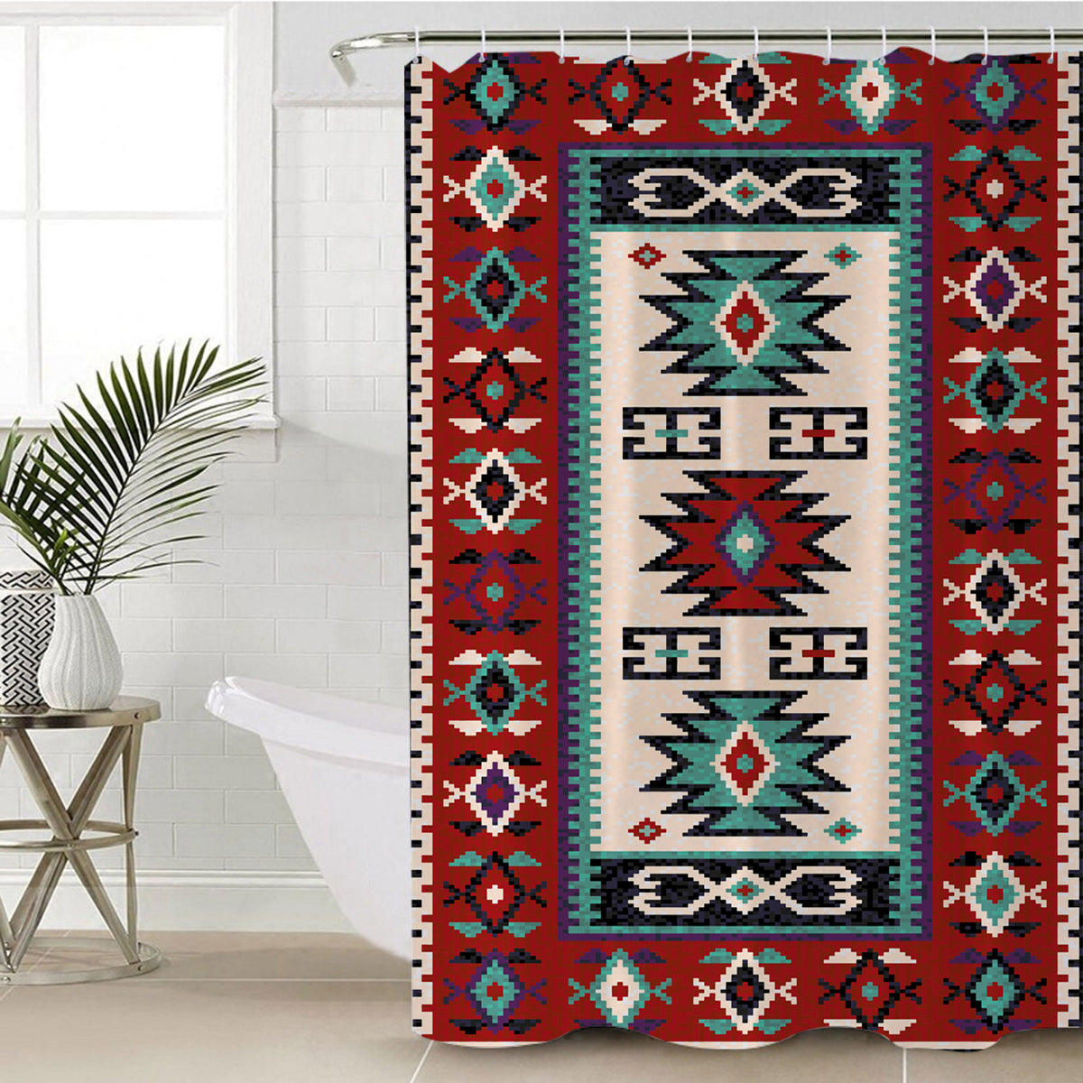 Red geometric patterned shower curtain with multicolor diamond border and teal center panel.