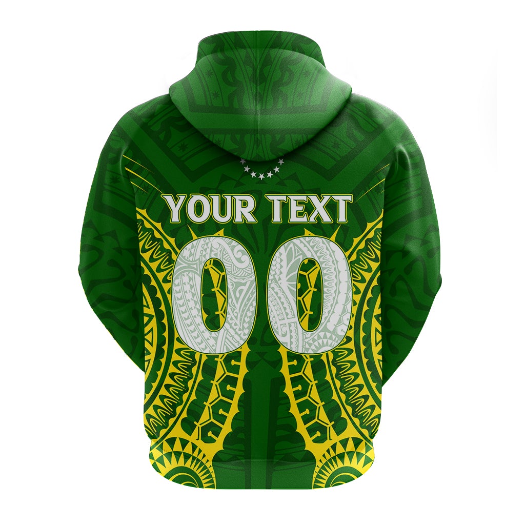 Green hoodie with tribal pattern and 'YOUR TEXT' on a large oval emblem