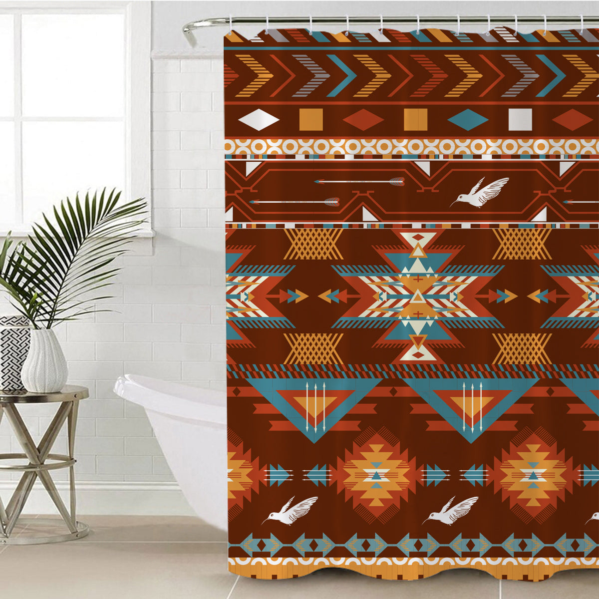 Multicolor shower curtain with geometric pattern and white birds