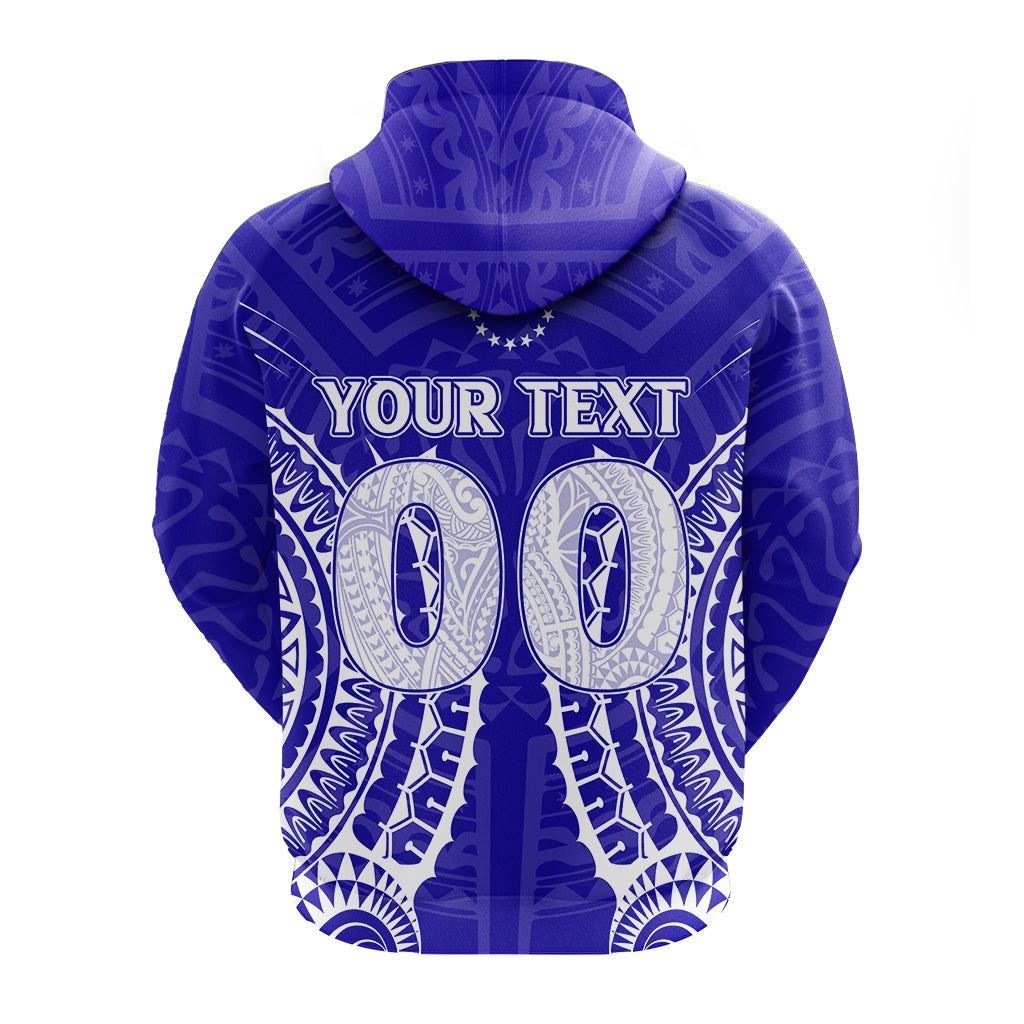 Blue pullover hoodie with tribal pattern, 'YOUR TEXT' and oval graphic on chest