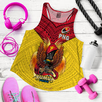 Women’s rugby tank top in yellow with red tribal pattern and Kumul Pride eagle graphic