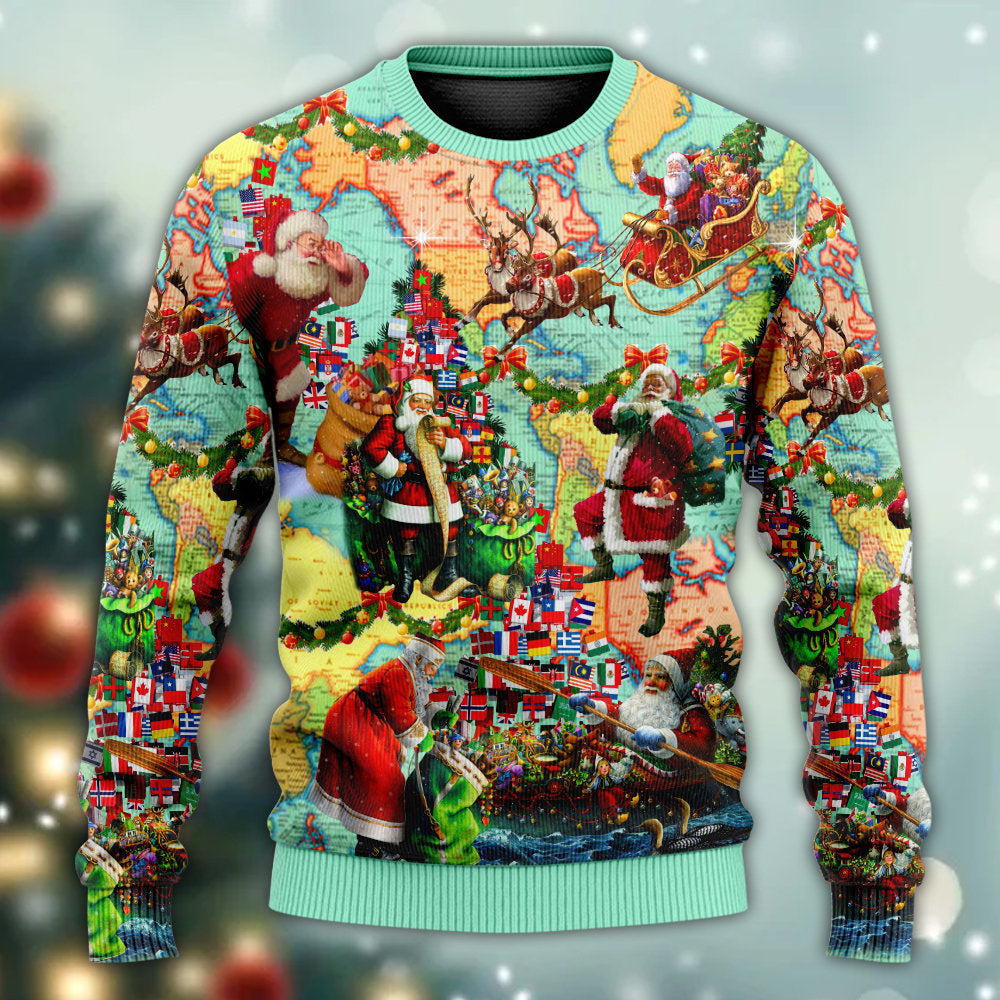 Chirstmas Love Santa World Map Ugly Christmas Sweater - Wonder Print Shop