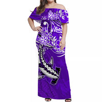 custom-personalised-hawaii-off-shoulder-long-dress-polynesia-purple-sea-turtle-honu-and-hammerhead-shark