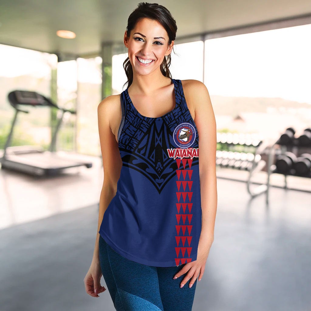 Blue women’s tank with Waianae crest, vertical red pattern, and scoop neckline