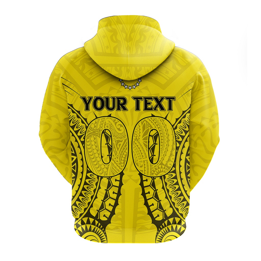 Yellow hoodie back with 'YOUR TEXT' and large oval tribal pattern design