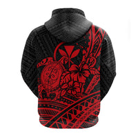 Kids pullover hoodie, dark gray with red turtle and hibiscus tribal back graphic