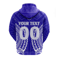 Blue hoodie with YOUR TEXT on chest over tribal pattern, hood and drawstrings.