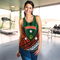 Green women’s tank top with PENAMA tribal pattern, sleeveless scoop neckline