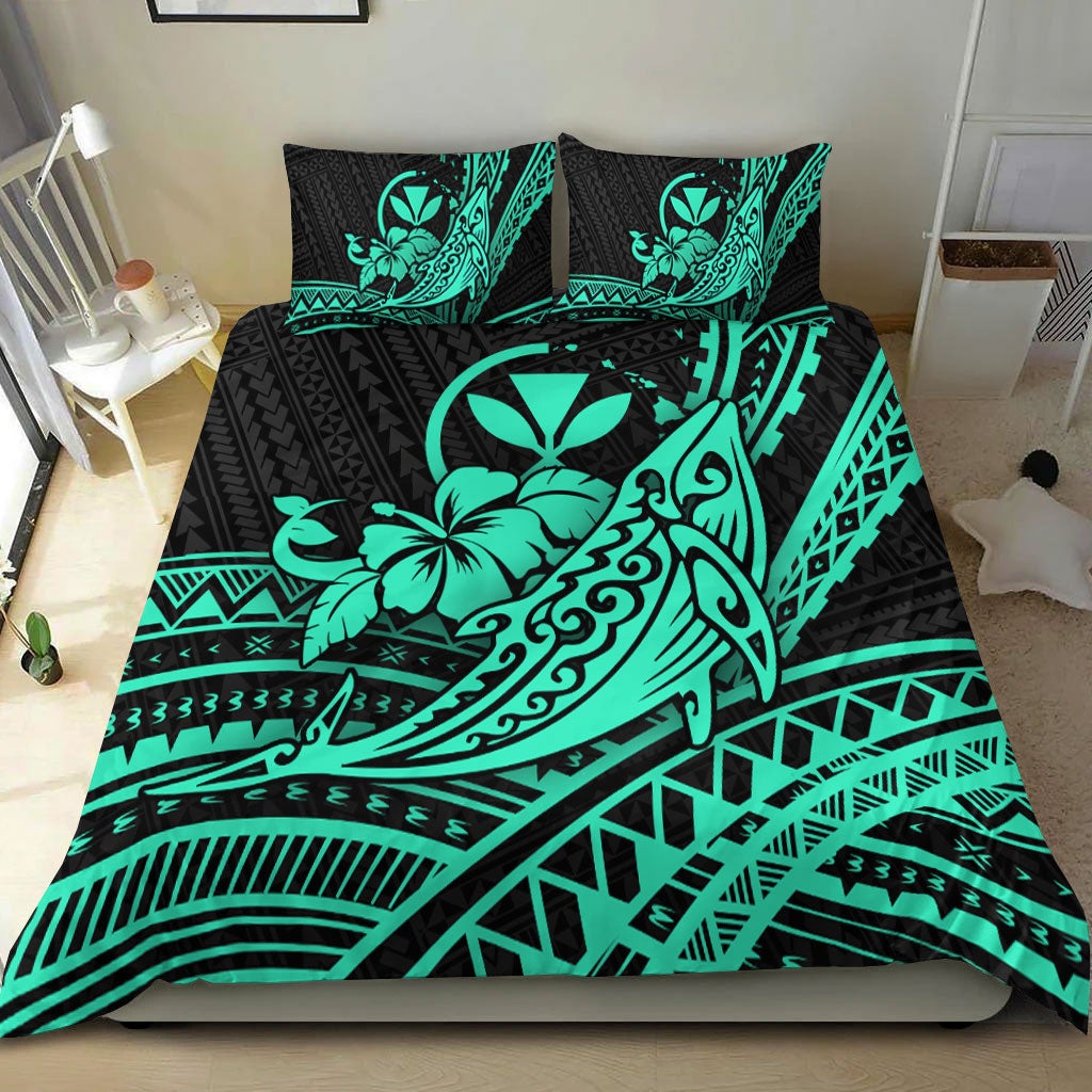 Hawaii Humpback Whale With Hibiscus Tribal Turquoise Bedding Set LT12 - Wonder Print Shop