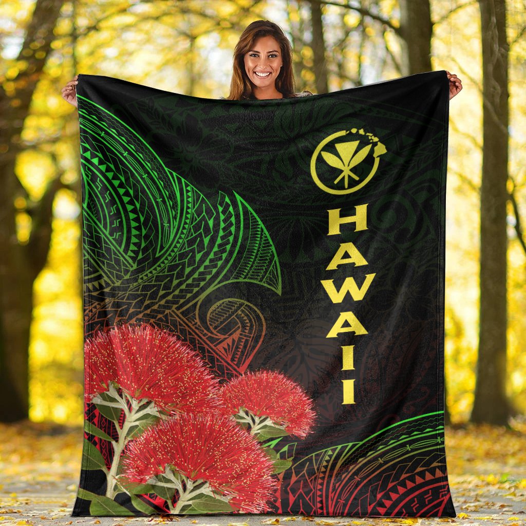 Black Hawaii Polynesian blanket draped view with green leaf motifs, red ohia flowers, “HAWAII” text