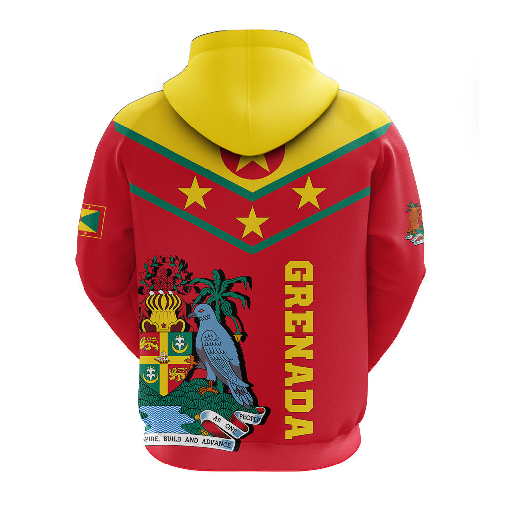 Red pullover hoodie, yellow hood, back view with GRENADA text, stars and crest artwork