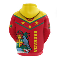 Red pullover hoodie, yellow hood, back view with GRENADA text, stars and crest artwork