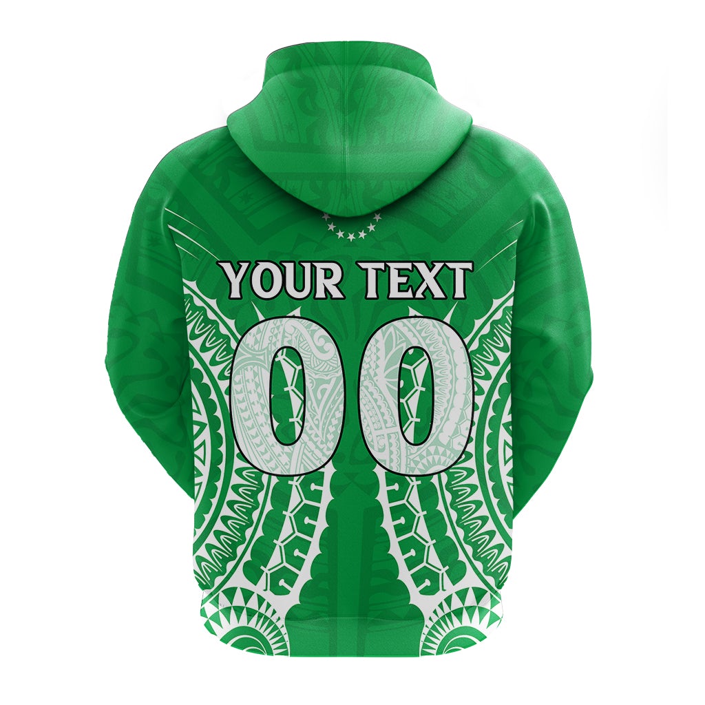 Green pullover hoodie with YOUR TEXT banner and tribal back print