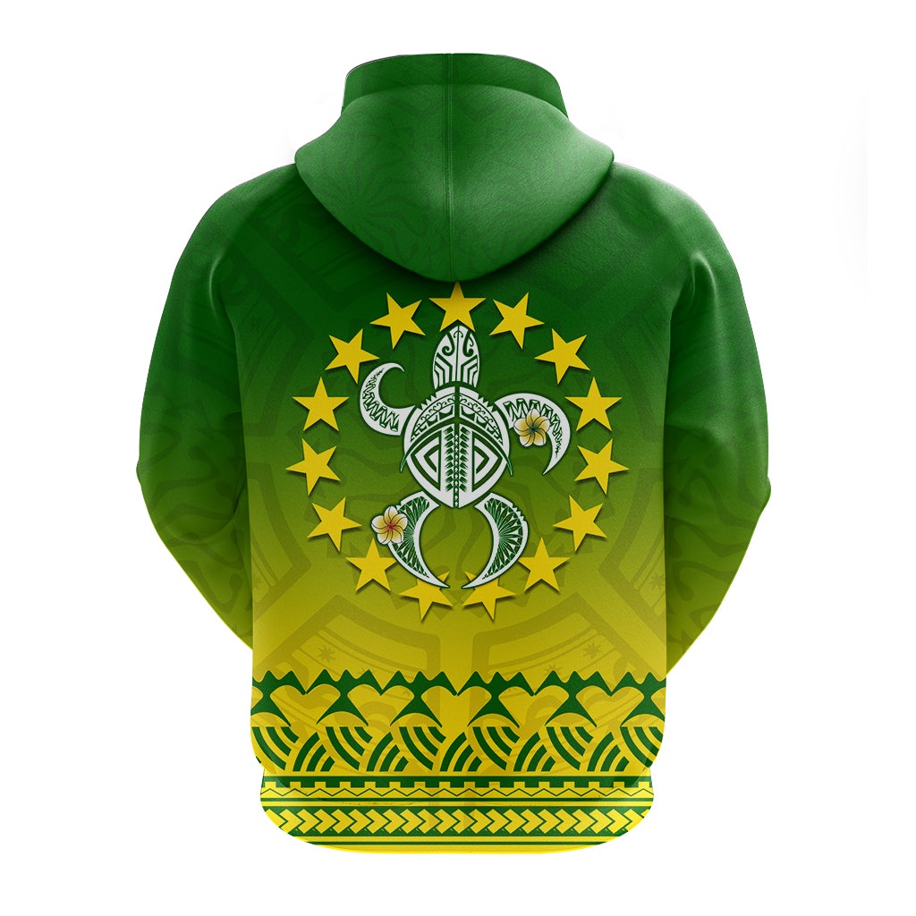 Green zip hoodie back with tribal turtle emblem, gold stars and geometric borders