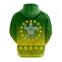 Green zip hoodie back with tribal turtle emblem, gold stars and geometric borders