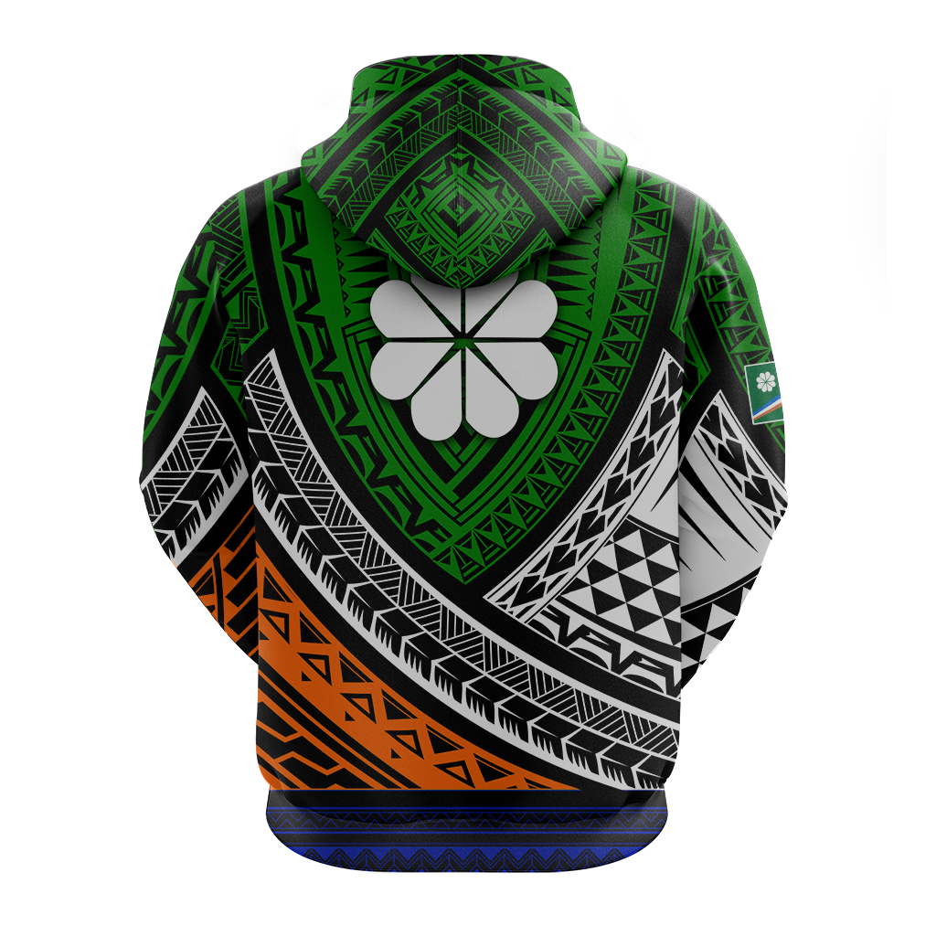 Kids green hoodie back with hood, large flower emblem, and tribal pattern across sleeves