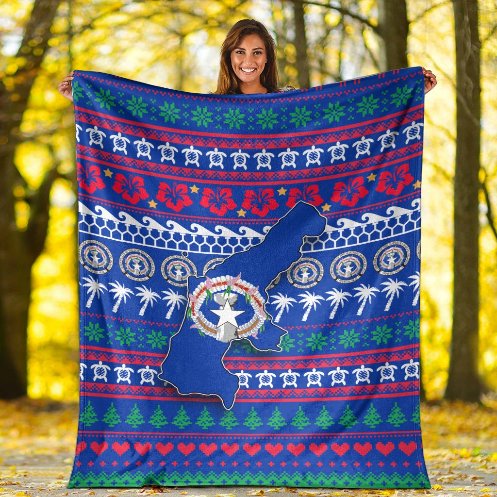 Blue ugly Christmas blanket with North Mariana Islands map, wreath emblem, hearts and pine trees