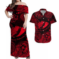 Red Polynesian fish off-shoulder maxi dress and button-up shirt, matching