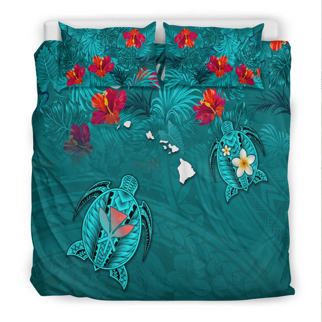 (Custom Personalised) Hawaiian Islands Bedding Set - Hawaii Tropical Flowers and Turtles Turquoise LT13 - Wonder Print Shop