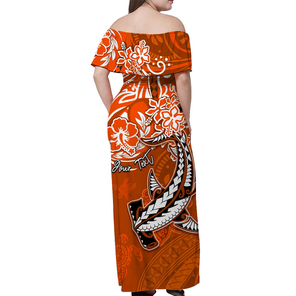 custom-personalised-hawaii-off-shoulder-long-dress-polynesia-orange-sea-turtle-honu-and-hammerhead-shark