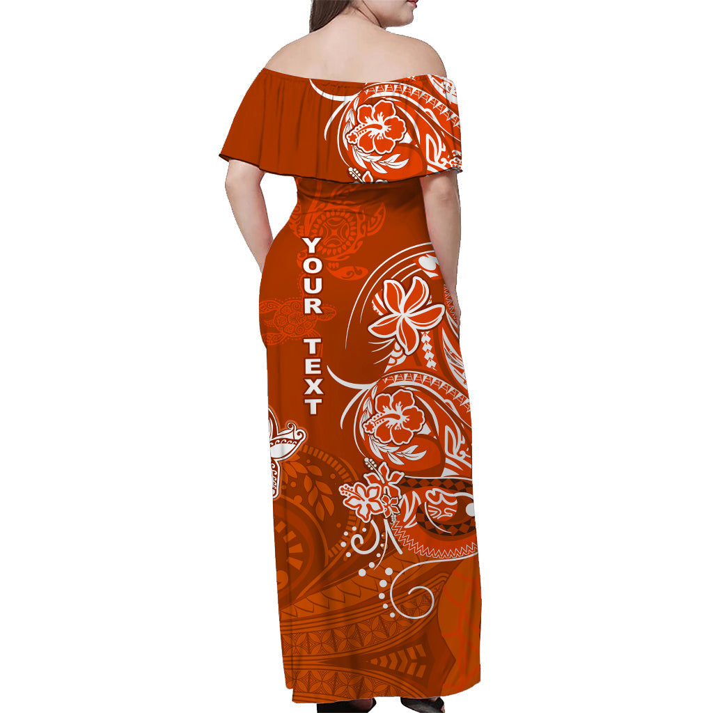 custom-personalised-hawaii-off-shoulder-long-dress-polynesia-orange-sea-turtle-honu-and-map