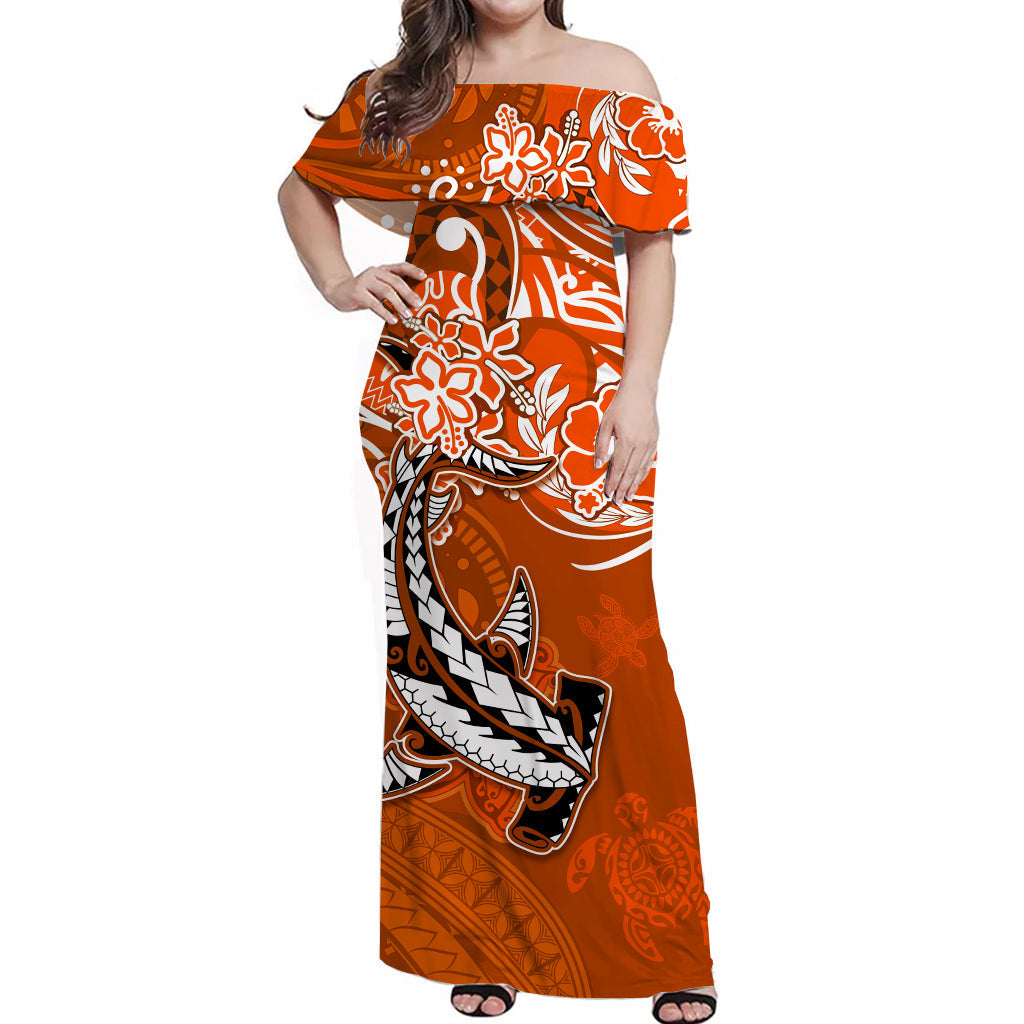 custom-personalised-hawaii-off-shoulder-long-dress-polynesia-orange-sea-turtle-honu-and-hammerhead-shark
