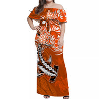 custom-personalised-hawaii-off-shoulder-long-dress-polynesia-orange-sea-turtle-honu-and-hammerhead-shark