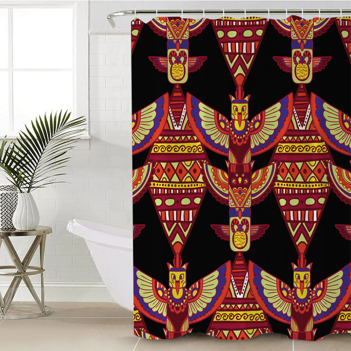 Shower curtain with multicolor ornamental tribal pattern on dark background