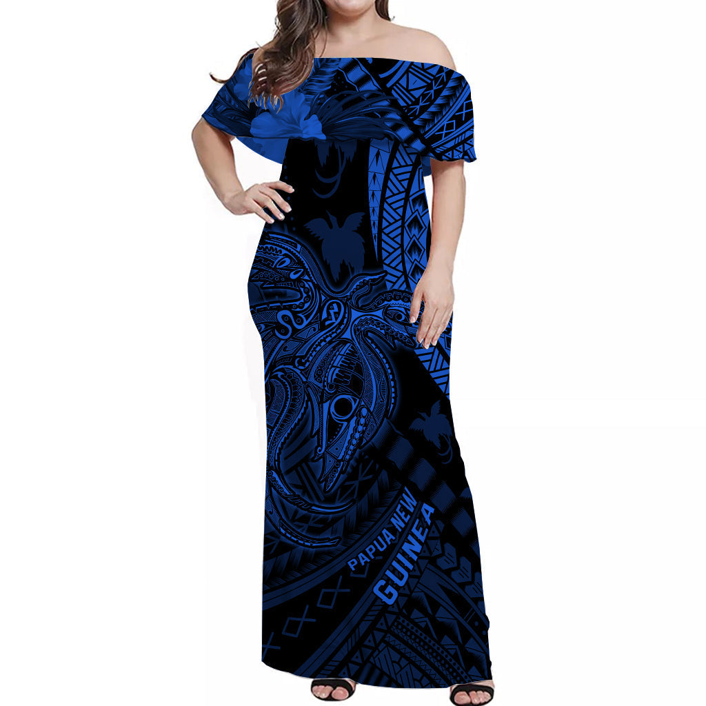 custom-personalised-papua-new-guinea-off-shoulder-long-dress-raggiana-birds-of-paradise-blue