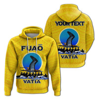 Yellow hoodie with FUAO and VATIA graphics, hood up (front and back views)