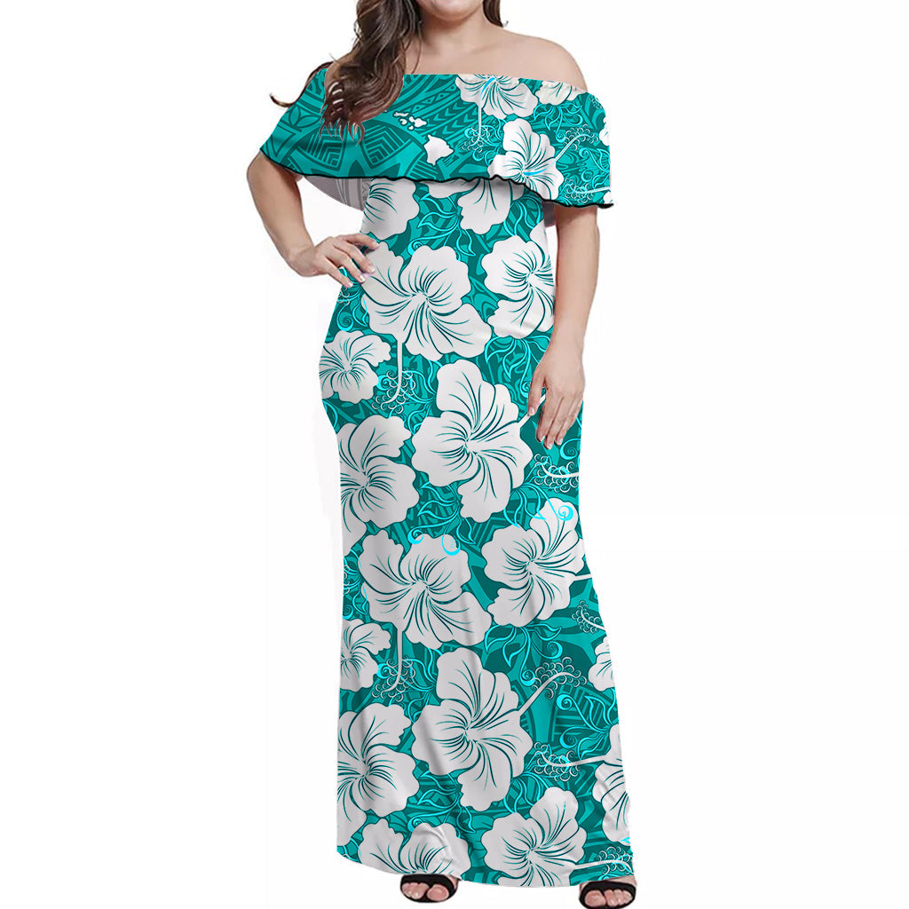 custom-personalised-hawaii-off-shoulder-long-dress-turquoise-simple-tropical-flowers