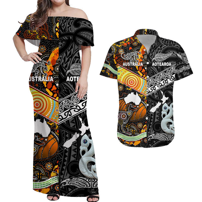 New Zealand Australia Hawaiian Couple Outfits Maori Aboriginal Matching Hawaiian Shirt And Dress Together Black LT8 - Wonder Print Shop