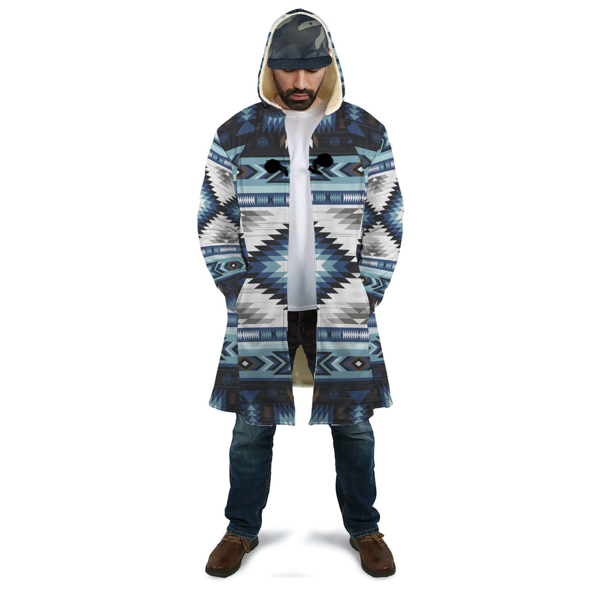 Unisex blue patterned AOP cloak, full hood, front tie, geometric zigzags