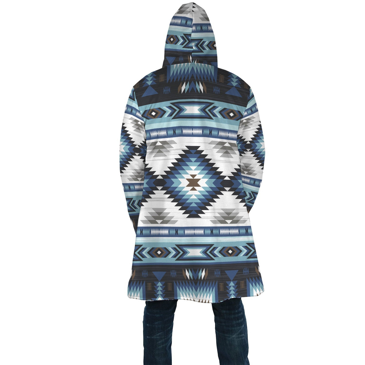 Back view of blue geometric AOP cloak with full hood and straight hem