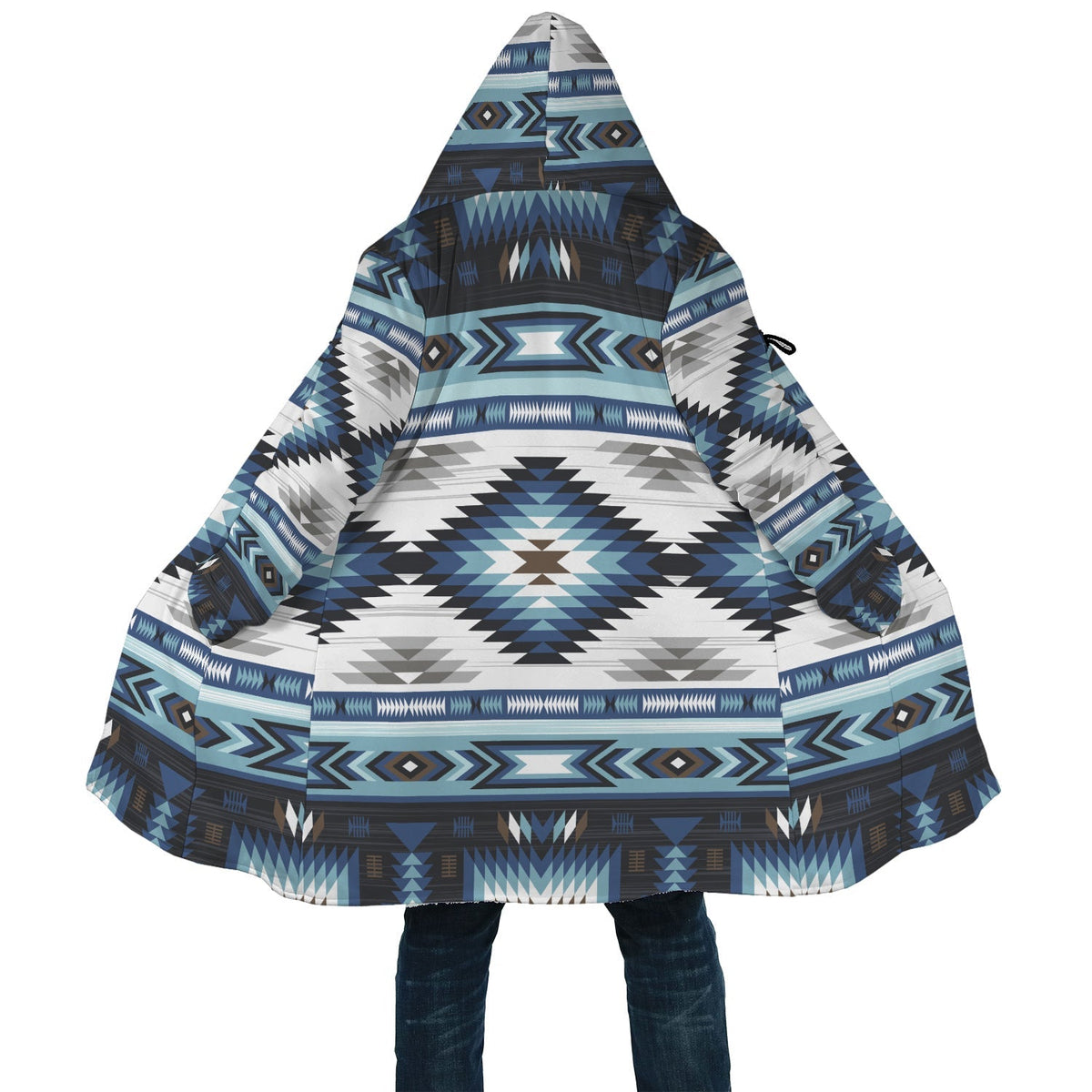 Front close-up: blue, white, and black geometric AOP cloak with hood and drawstring