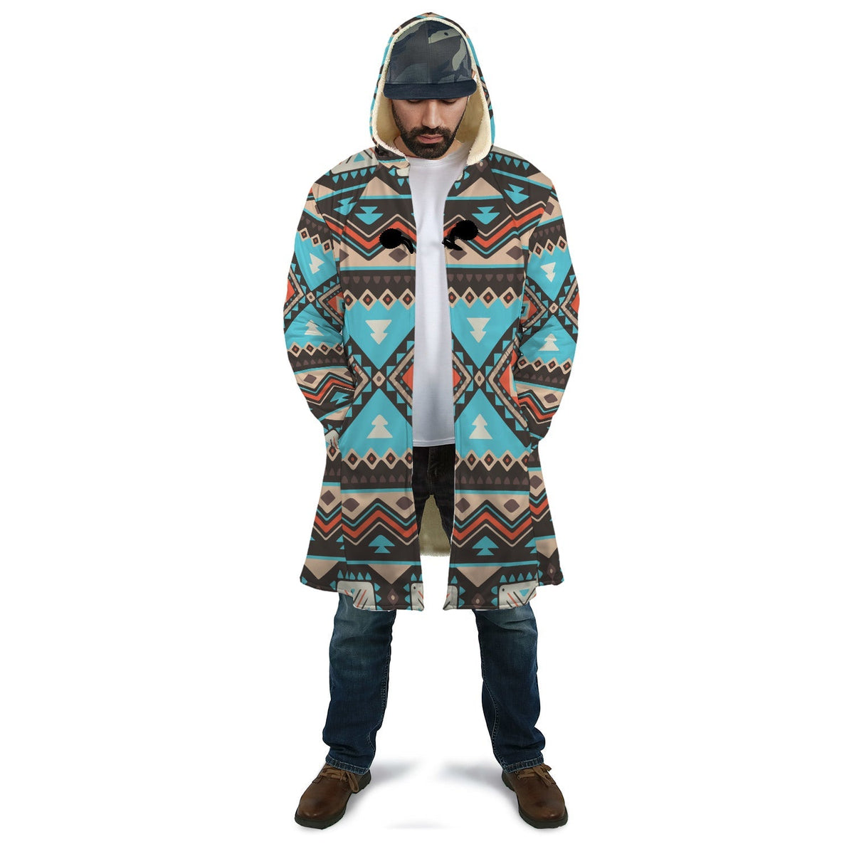 Unisex hooded cloak, multicolor geometric/Aztec line pattern, long sleeves