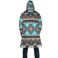 Back view hooded cloak with multicolor geometric Aztec line pattern