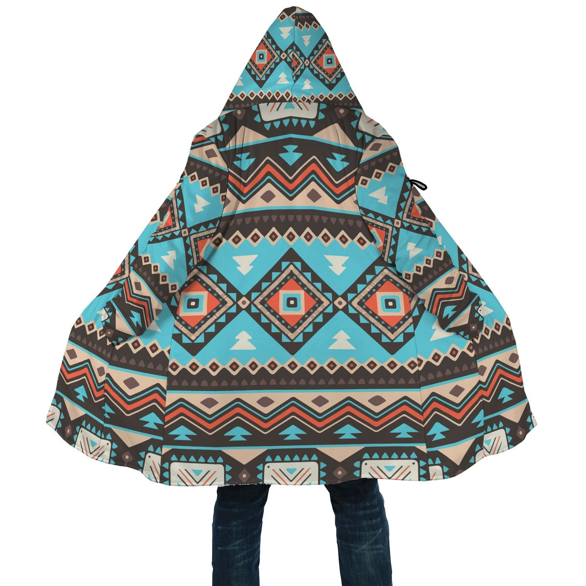 Hooded cloak with multicolor geometric print and wide drape; front pocket detail