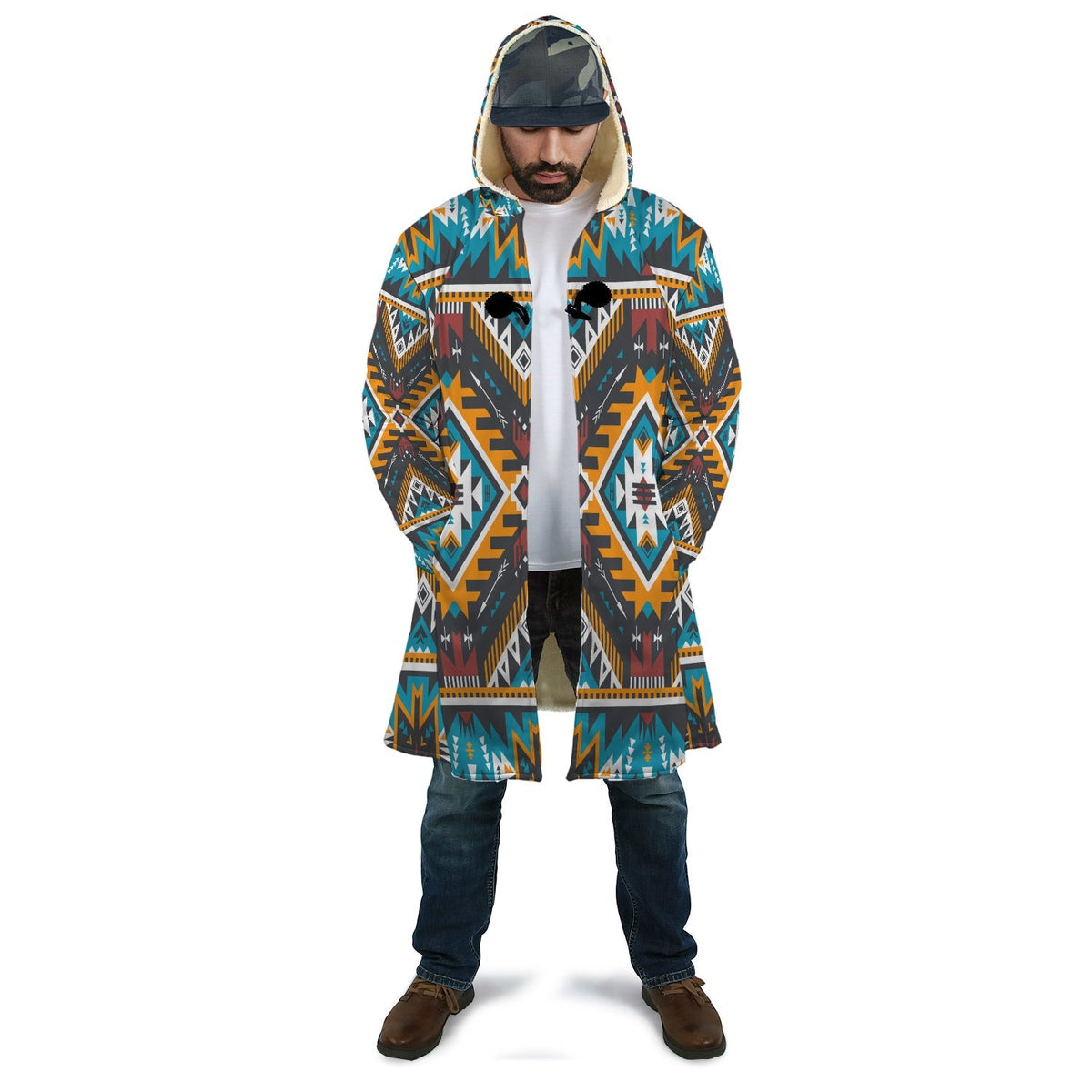 Multicolor aztec geometric print hooded cloak with front opening and long sleeves