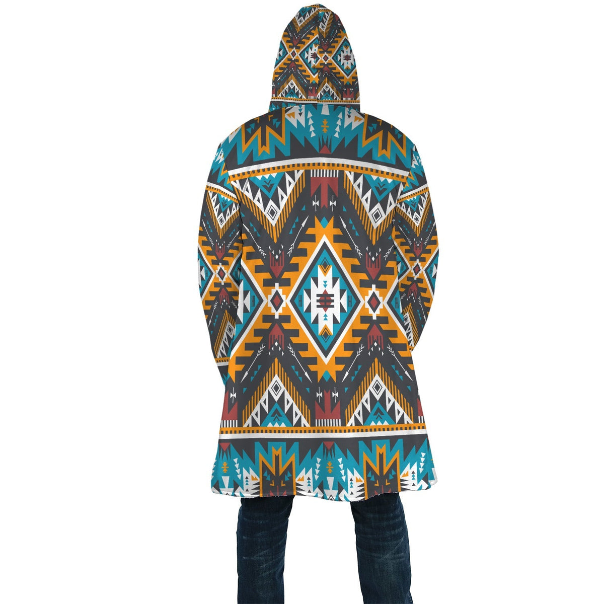 Back view of multicolor aztec geometric print hooded cloak, flared hem