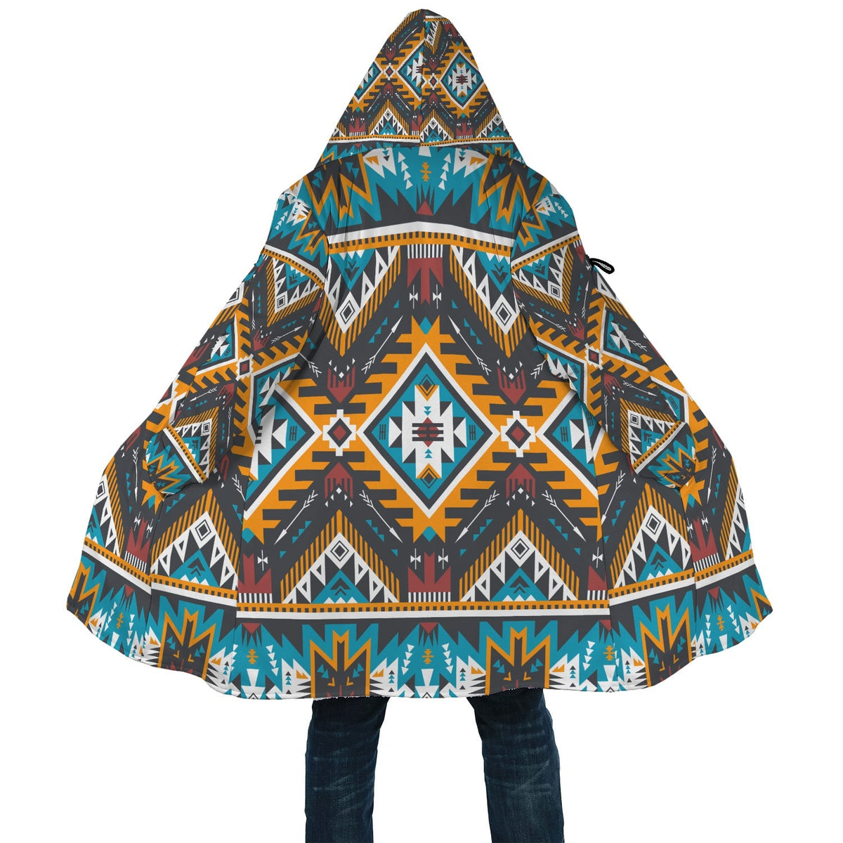 Front/back pattern details on multicolor aztec geometric hooded cloak with draw tie