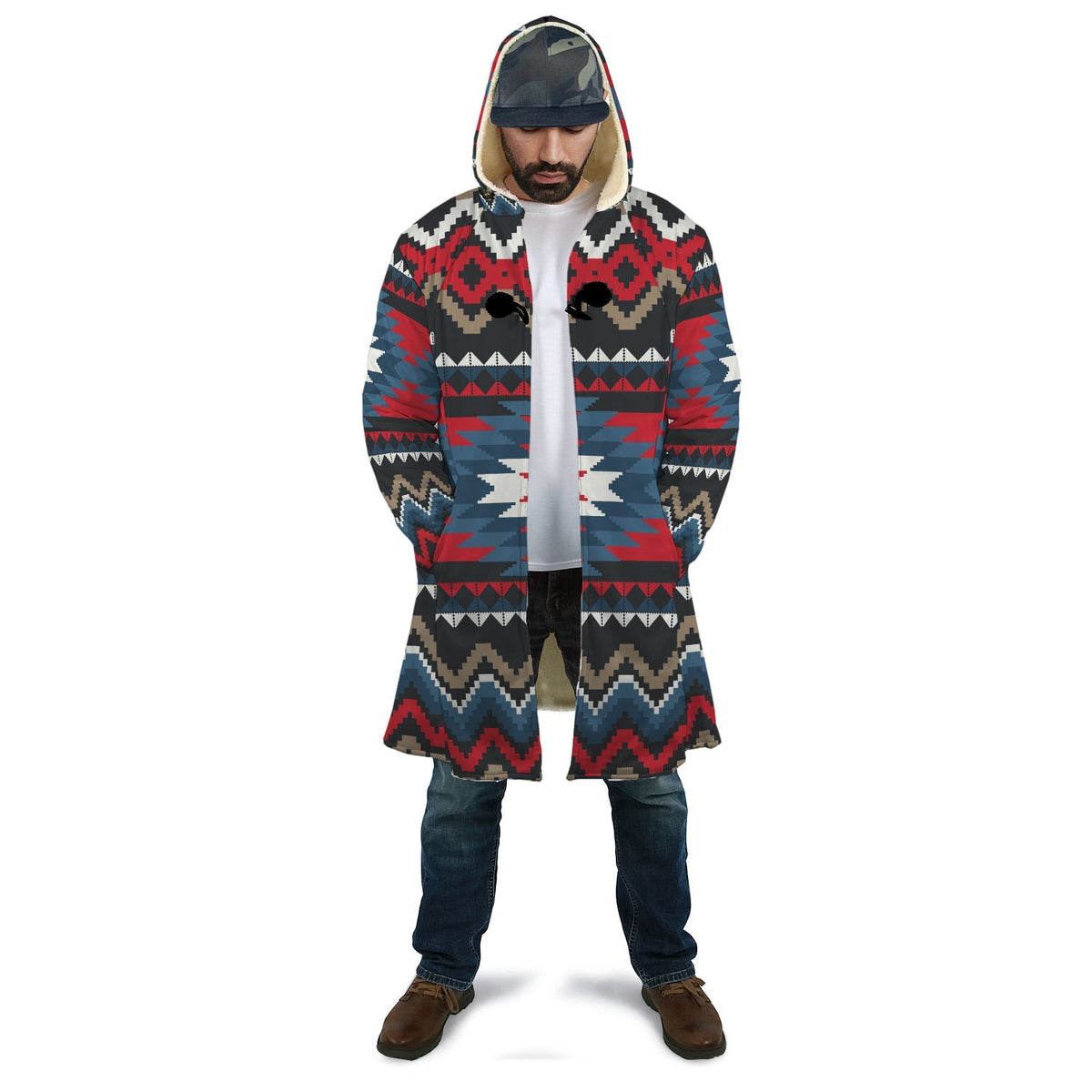 Unisex multicolor patterned hooded cloak with front zip and long sleeves