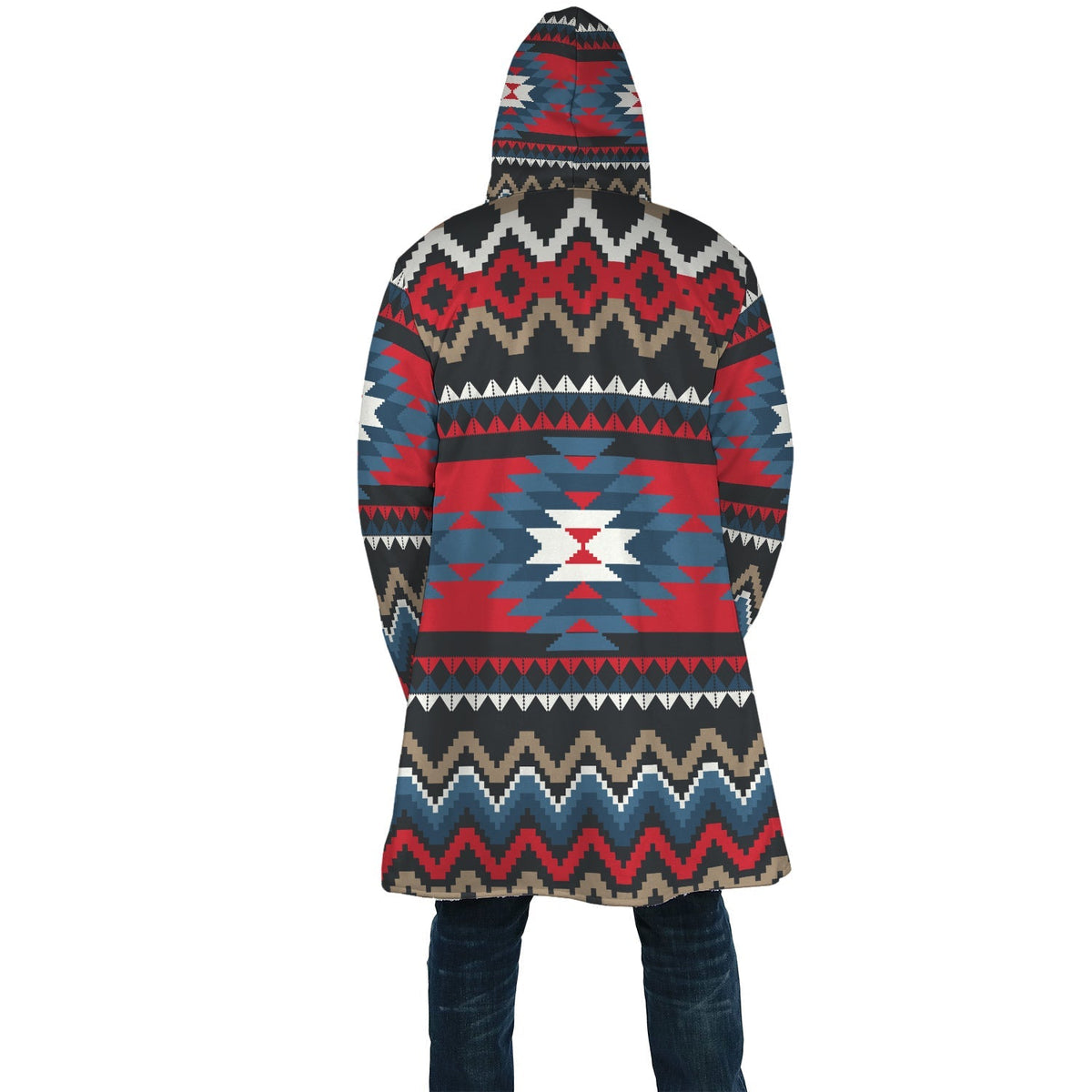 Multicolor patterned hooded cloak, back view with full-length hem and long sleeves