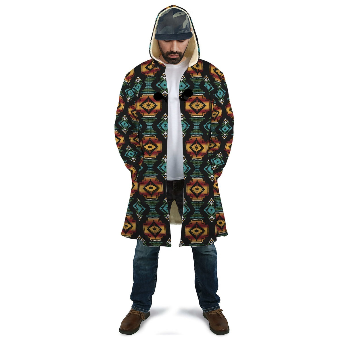 Unisex hooded cloak, dark base with red/yellow/teal geometric pattern, front opening