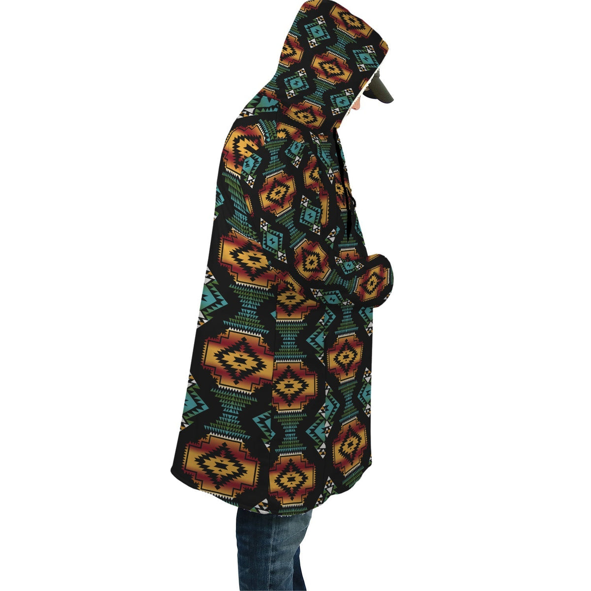 Hooded cloak side view, dark geometric print with red and teal accents, draped cut