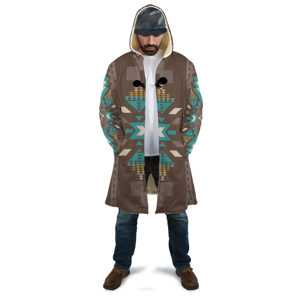 Blue Pattern Brown AOP cloak with hood, front open, teal and tan geometric design