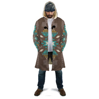 Blue Pattern Brown AOP cloak with hood, front open, teal and tan geometric design