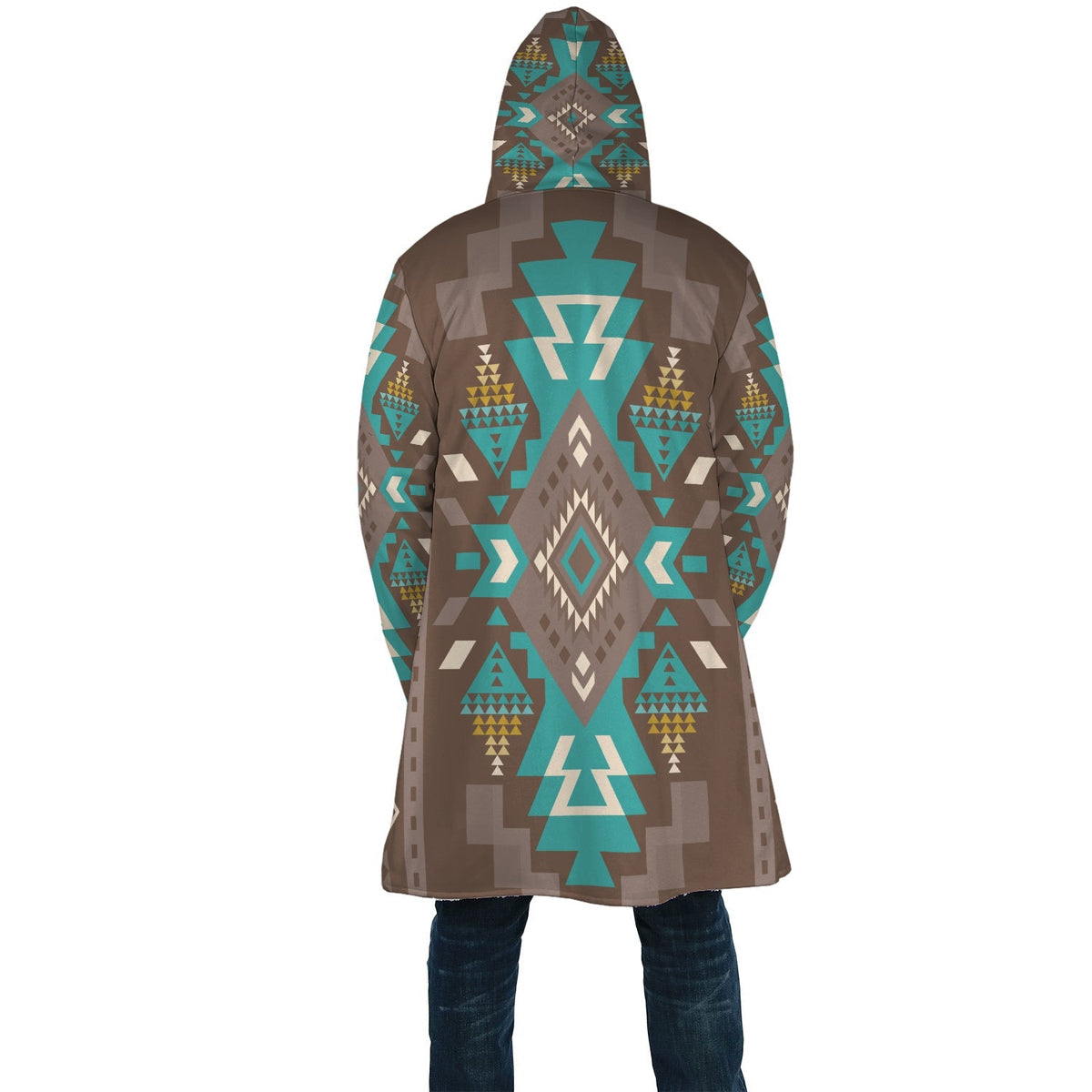 Back view: hooded cloak with large teal-and-brown Aztec-style geometric pattern